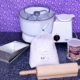 Photo of breadmaking supplies on a kitchen counter with a purple floral background